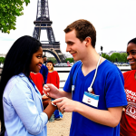 **Image Prompt:** A diverse group of young adults participating in a community health fair in Paris. Focus on activities like blood pressure checks, informational booths with brochures on healthy eating, and kids playing a game related to hygiene. The Eiffel Tower should be subtly visible in the background. The overall tone is bright, energetic, and positive.