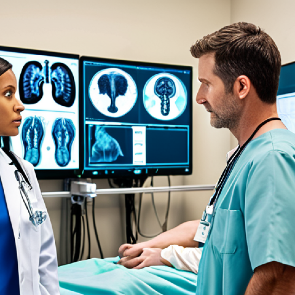 **AI Integration in Healthcare:** A vibrant, futuristic hospital scene where medical professionals, including doctors and nurses of diverse backgrounds, collaborate seamlessly with advanced AI interfaces. Show a physician analyzing a detailed holographic medical scan, highlighting the ultra-precise diagnostic capabilities of AI. In the background, smart screens display real-time data for resource optimization and predictive insights, suggesting efficiency and innovation. The overall atmosphere should be one of technological advancement enhancing human care, with a subtle undertone of the complex ethical considerations surrounding data and human-machine collaboration.