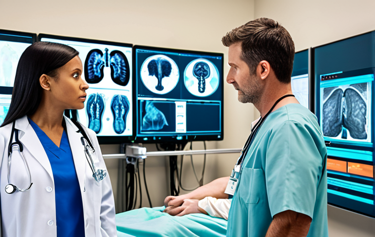 **AI Integration in Healthcare:** A vibrant, futuristic hospital scene where medical professionals, including doctors and nurses of diverse backgrounds, collaborate seamlessly with advanced AI interfaces. Show a physician analyzing a detailed holographic medical scan, highlighting the ultra-precise diagnostic capabilities of AI. In the background, smart screens display real-time data for resource optimization and predictive insights, suggesting efficiency and innovation. The overall atmosphere should be one of technological advancement enhancing human care, with a subtle undertone of the complex ethical considerations surrounding data and human-machine collaboration.