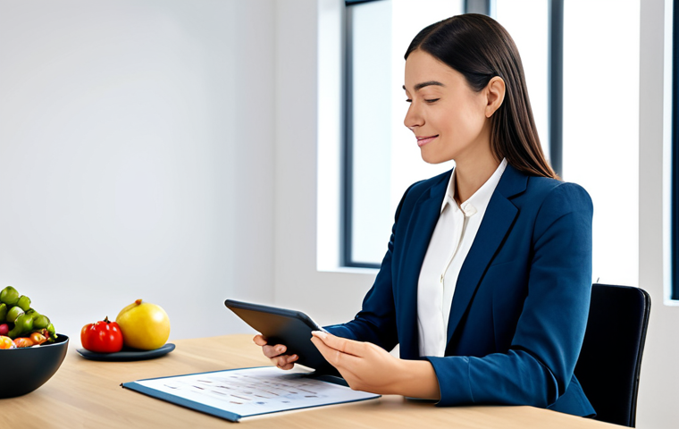 A professional adult woman, fully clothed in modest business casual attire, seated at a sleek, minimalist desk in a modern, brightly lit office space. She is interacting with a tablet displaying personalized nutrition data and a healthy, visually appealing meal is present on the desk. The scene emphasizes the integration of technology for personalized health and wellness. safe for work, appropriate content, fully clothed, professional, perfect anatomy, correct proportions, natural pose, well-formed hands, proper finger count, natural body proportions, high quality, studio lighting.