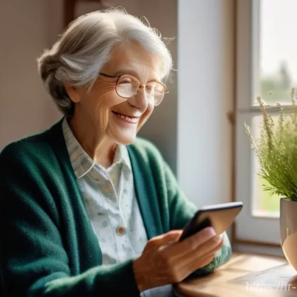 보건학에서의 e health - **Prompt:** A warm, inviting photograph of an elderly French woman in her 70s, dressed in a modest y...