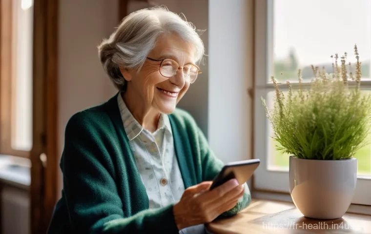 보건학에서의 e health - **Prompt:** A warm, inviting photograph of an elderly French woman in her 70s, dressed in a modest y...
