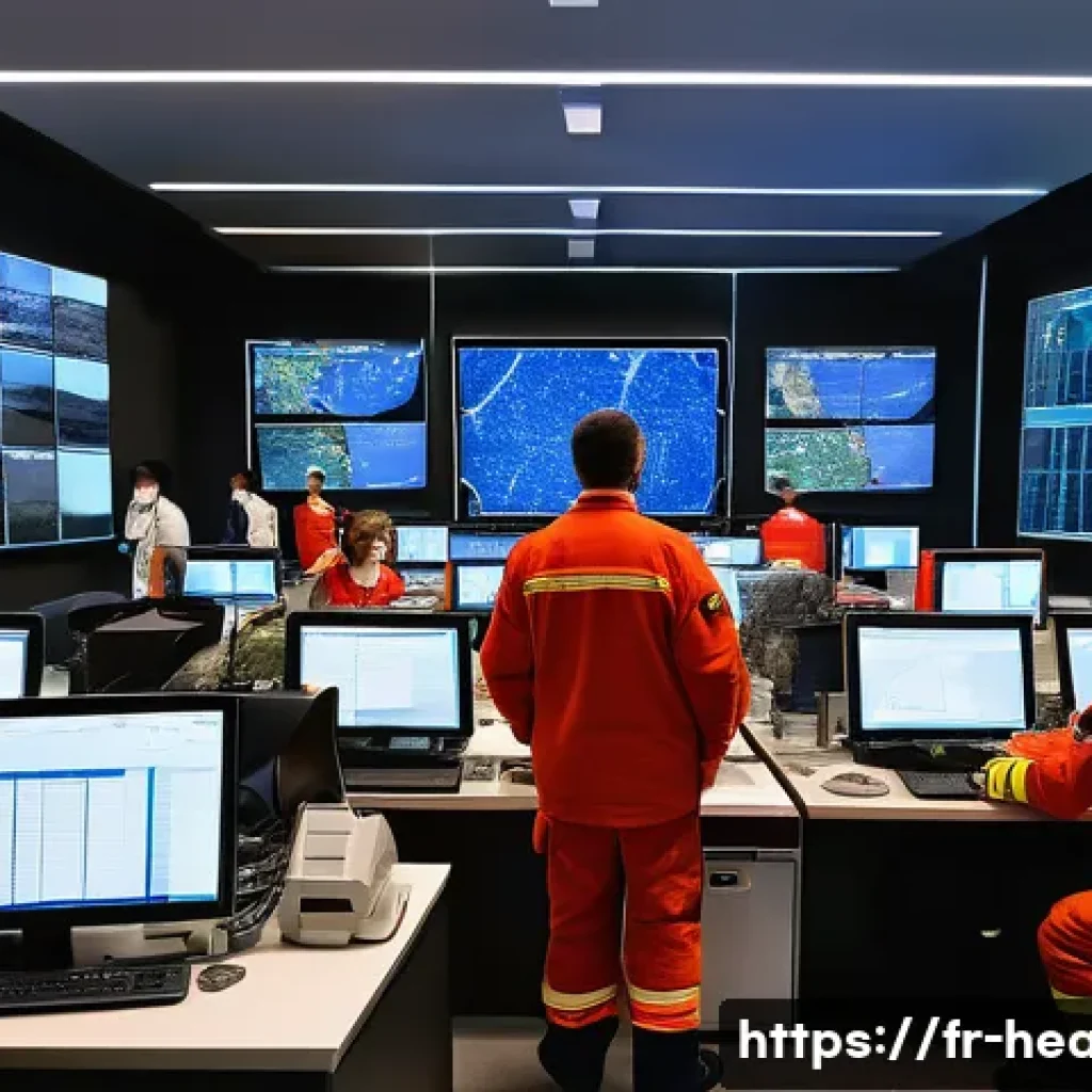 보건학과 재난 대응 - A detailed, realistic scene showing a multi-agency emergency coordination center during a natural di...