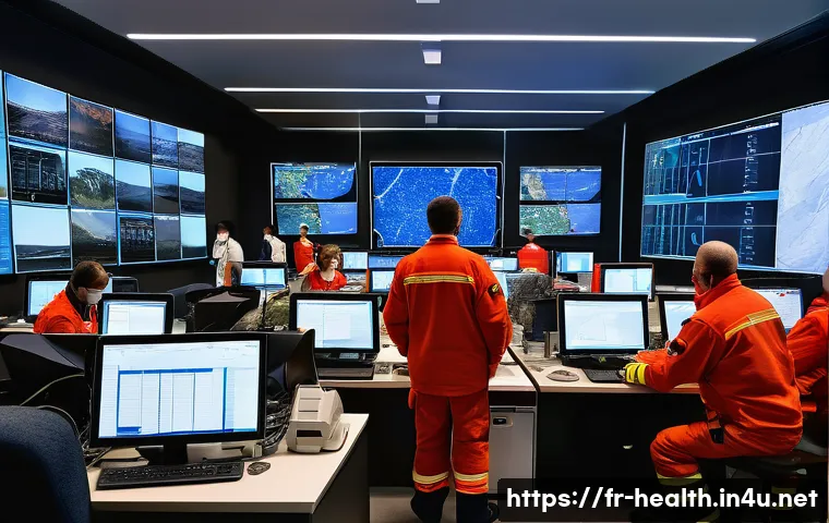 보건학과 재난 대응 - A detailed, realistic scene showing a multi-agency emergency coordination center during a natural di...