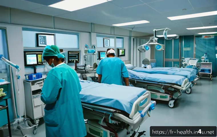 보건학과 국영병원 vs 사립병원 - A busy public hospital emergency room scene in France, showing diverse healthcare professionals in s...