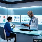 보건학과 관련된 최신 연구 - A modern French healthcare setting showing a diverse group of adults consulting with a doctor who is...