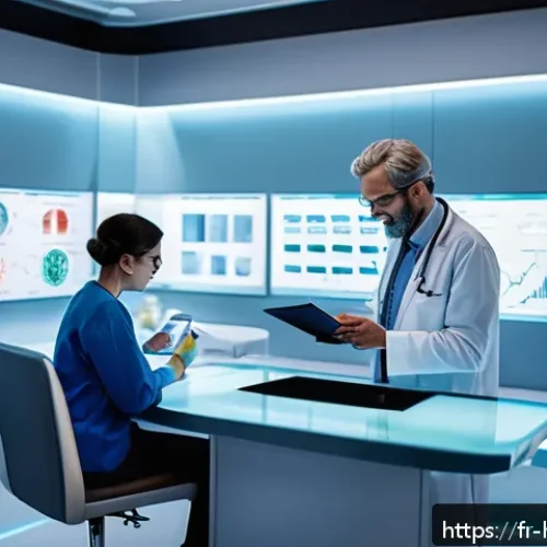 보건학과 관련된 최신 연구 - A modern French healthcare setting showing a diverse group of adults consulting with a doctor who is...
