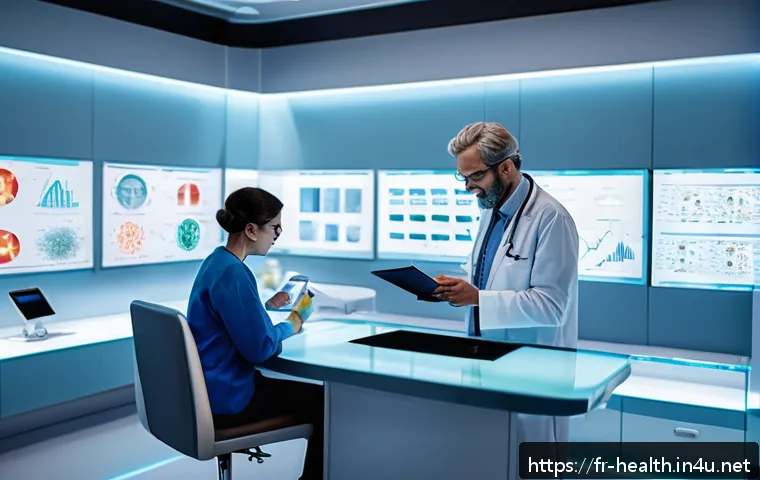 보건학과 관련된 최신 연구 - A modern French healthcare setting showing a diverse group of adults consulting with a doctor who is...