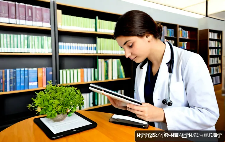 Home 17 보건학과 대체 의학 - Photorealistic French public health student in a bright university health sciences library, comparin...